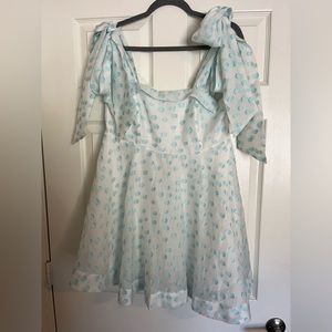 Blue and white polka dotted dress
